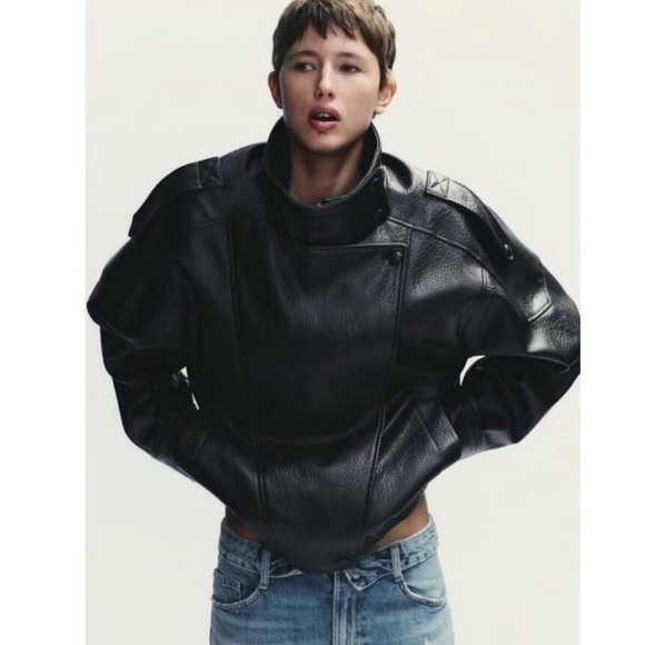 ZARA Funnel Neck Leather Jacket (M) - Picture 2 of 11
